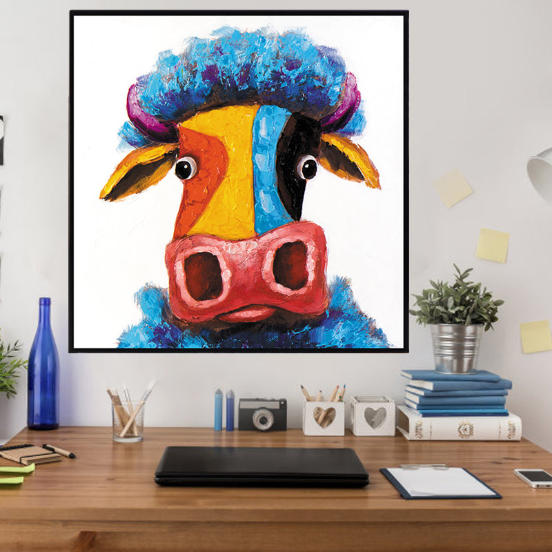 Contemporary Ox Art Print Blue-Yellow Textured Surface Wrapped Canvas for Living Room Blue Clearhalo 'Art Gallery' 'Canvas Art' 'Contemporary Art Gallery' 'Modern' Arts' 1599672