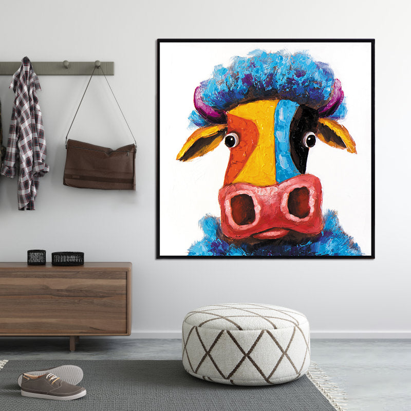 Contemporary Ox Art Print Blue-Yellow Textured Surface Wrapped Canvas for Living Room Clearhalo 'Art Gallery' 'Canvas Art' 'Contemporary Art Gallery' 'Modern' Arts' 1599673