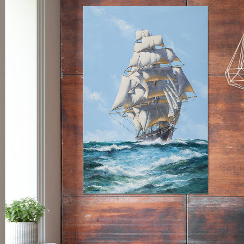 Modern Ocean Sailing Vessel Painting Blue and White Textured Wall Art for Hallway Clearhalo 'Art Gallery' 'Canvas Art' 'Contemporary Art Gallery' 'Modern' Arts' 1599700