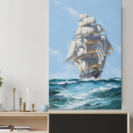Modern Ocean Sailing Vessel Painting Blue and White Textured Wall Art for Hallway Clearhalo 'Art Gallery' 'Canvas Art' 'Contemporary Art Gallery' 'Modern' Arts' 1599701