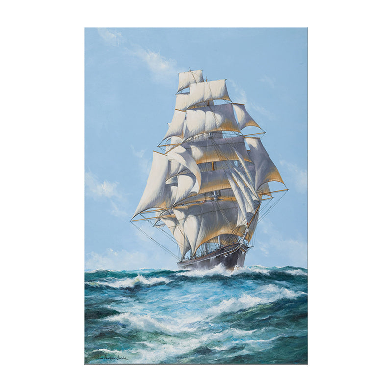 Modern Ocean Sailing Vessel Painting Blue and White Textured Wall Art for Hallway Clearhalo 'Art Gallery' 'Canvas Art' 'Contemporary Art Gallery' 'Modern' Arts' 1599702