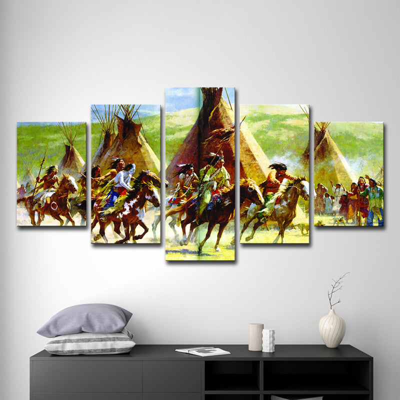 Indian Tribe Hunting Canvas Art Modern Style Multi-Piece Wall Decoration in Green Green Clearhalo 'Art Gallery' 'Canvas Art' 'Contemporary Art Gallery' 'Modern' Arts' 1599738