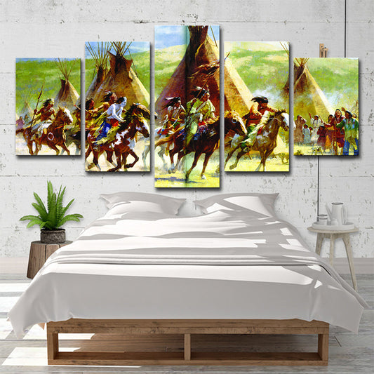 Indian Tribe Hunting Canvas Art Modern Style Multi-Piece Wall Decoration in Green Clearhalo 'Art Gallery' 'Canvas Art' 'Contemporary Art Gallery' 'Modern' Arts' 1599740