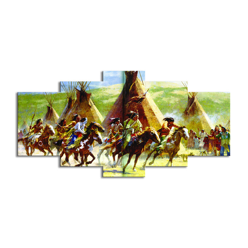 Indian Tribe Hunting Canvas Art Modern Style Multi-Piece Wall Decoration in Green Clearhalo 'Art Gallery' 'Canvas Art' 'Contemporary Art Gallery' 'Modern' Arts' 1599741