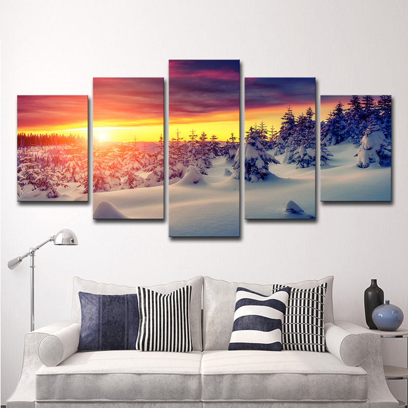 Modern Sunset Snow Landscape Canvas Yellow Multi-Piece Wall Art Decor for Living Room Yellow Clearhalo 'Art Gallery' 'Canvas Art' 'Contemporary Art Gallery' 'Modern' Arts' 1599752