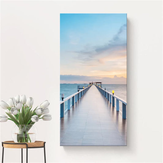 Photography Modern Wall Art with Straight Bridge to the Sea Pattern in Brown-Blue Sky Blue Clearhalo 'Art Gallery' 'Canvas Art' 'Contemporary Art Gallery' 'Modern' Arts' 1599798