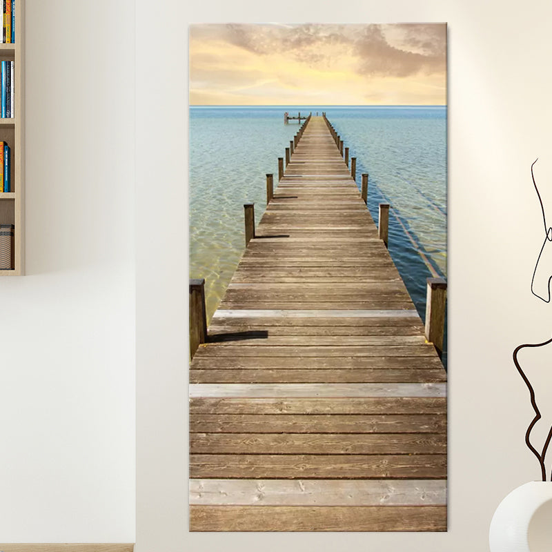 Photography Modern Wall Art with Straight Bridge to the Sea Pattern in Brown-Blue Brown Clearhalo 'Art Gallery' 'Canvas Art' 'Contemporary Art Gallery' 'Modern' Arts' 1599805