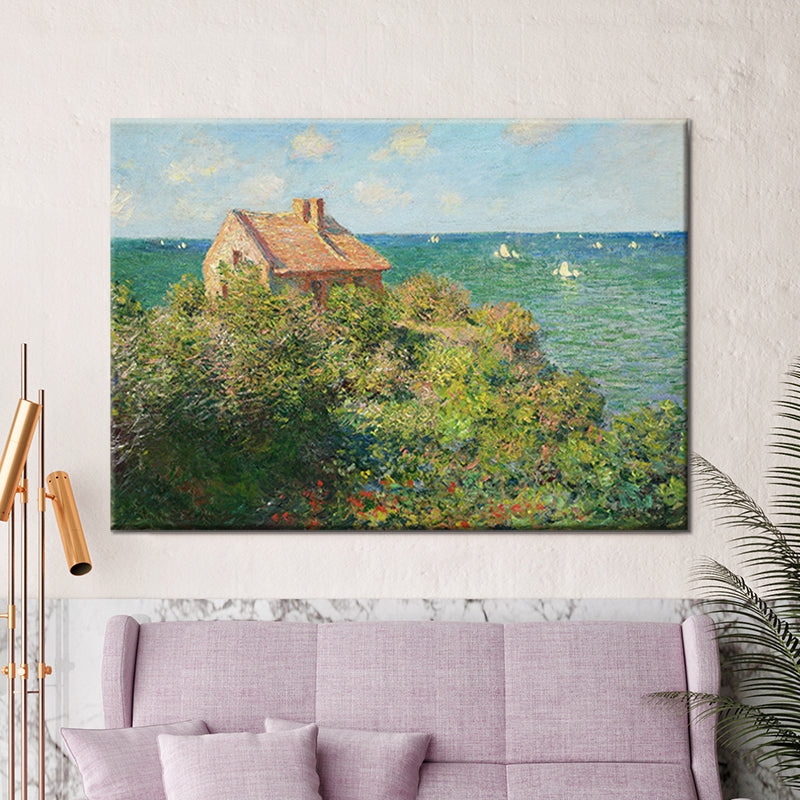 Green Coastal Mountain Cabin Painting Seascape Modern Textured Wall Art Print for Bedroom Clearhalo 'Art Gallery' 'Canvas Art' 'Contemporary Art Gallery' 'Modern' Arts' 1599862