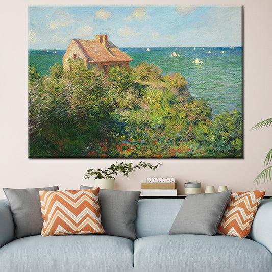 Green Coastal Mountain Cabin Painting Seascape Modern Textured Wall Art Print for Bedroom Clearhalo 'Art Gallery' 'Canvas Art' 'Contemporary Art Gallery' 'Modern' Arts' 1599863