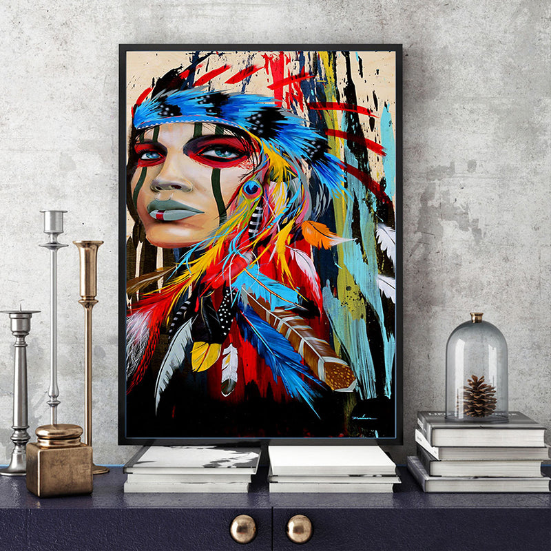 Tribal Indian Woman Wall Art for Studio Figure Painting Canvas Print in Red-Blue Red Clearhalo 'Art Gallery' 'Canvas Art' 'Contemporary Art Gallery' 'Modern' Arts' 1599875