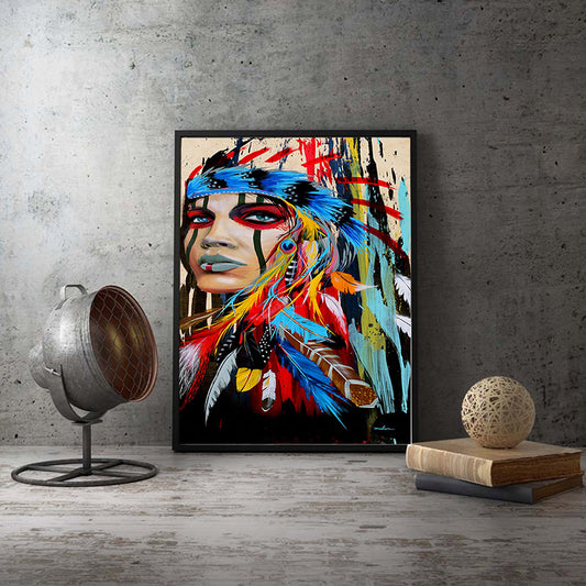 Tribal Indian Woman Wall Art for Studio Figure Painting Canvas Print in Red-Blue Clearhalo 'Art Gallery' 'Canvas Art' 'Contemporary Art Gallery' 'Modern' Arts' 1599876
