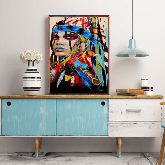 Tribal Indian Woman Wall Art for Studio Figure Painting Canvas Print in Red-Blue Clearhalo 'Art Gallery' 'Canvas Art' 'Contemporary Art Gallery' 'Modern' Arts' 1599877