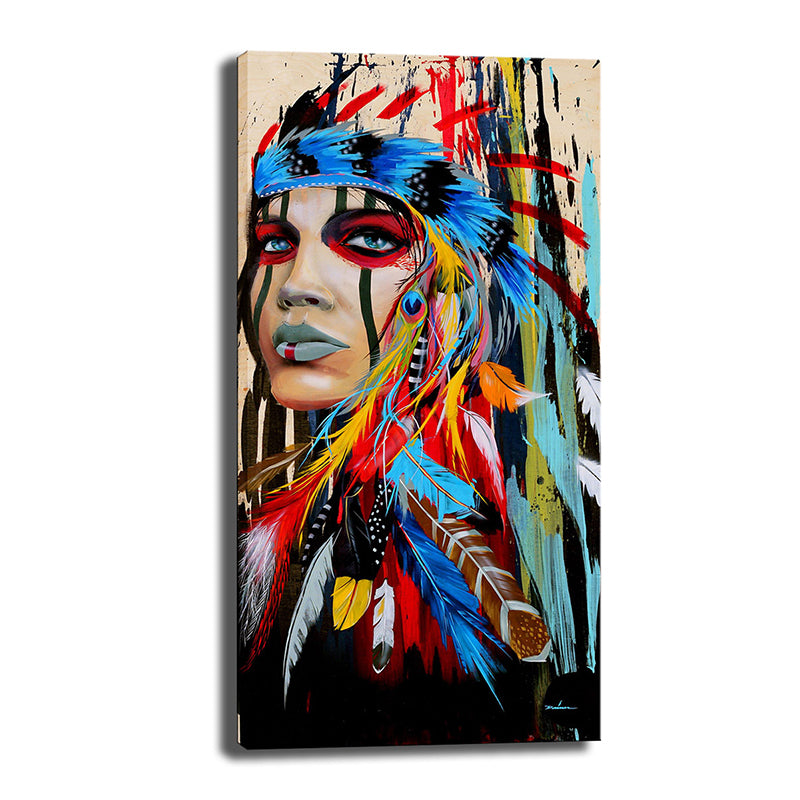 Tribal Indian Woman Wall Art for Studio Figure Painting Canvas Print in Red-Blue Clearhalo 'Art Gallery' 'Canvas Art' 'Contemporary Art Gallery' 'Modern' Arts' 1599878