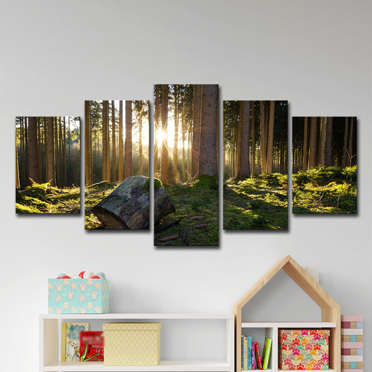 Sunrise in Forest Canvas Art Dark Green Contemporary Wall Decoration for Bedroom Clearhalo 'Art Gallery' 'Canvas Art' 'Contemporary Art Gallery' 'Modern' Arts' 1599919