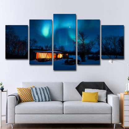 Multi-Piece Blue Canvas Print Modern Night Snowy Cabin with Aurora Scenery Wall Art Blue Clearhalo 'Art Gallery' 'Canvas Art' 'Contemporary Art Gallery' 'Modern' Arts' 1599924