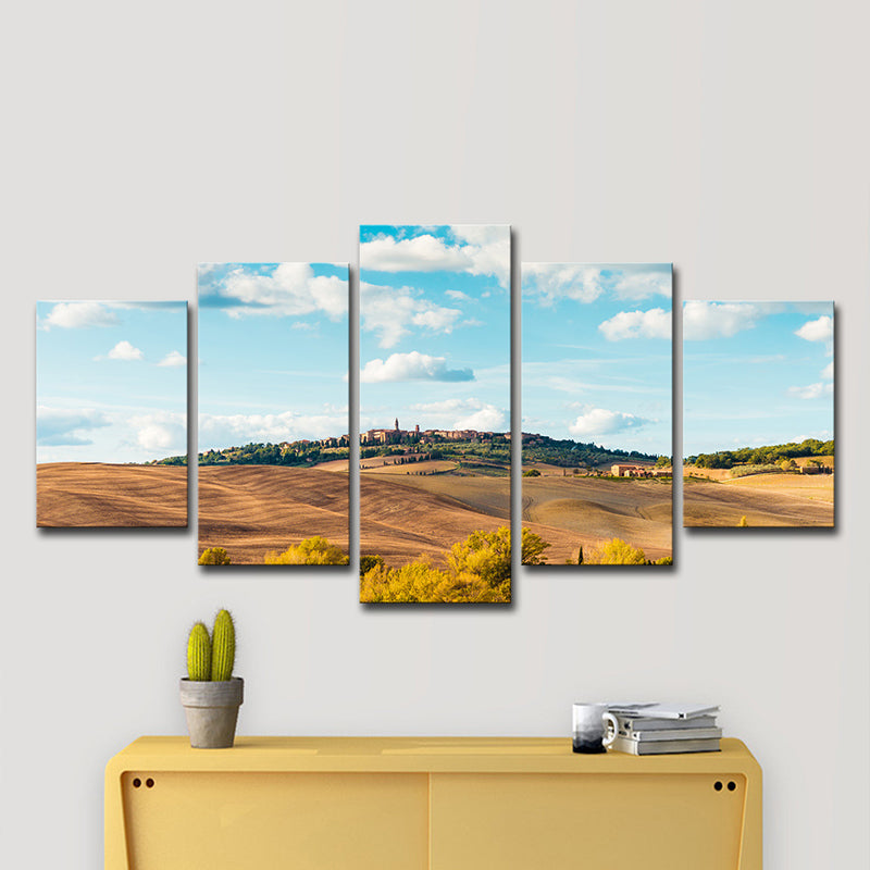 Multi-Piece Hill Castle Art Print Contemporary Canvas Wall Decor in Sky Blue and Brown Clearhalo 'Art Gallery' 'Canvas Art' 'Contemporary Art Gallery' 'Modern' Arts' 1599939