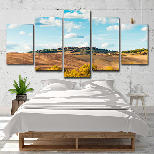 Multi-Piece Hill Castle Art Print Contemporary Canvas Wall Decor in Sky Blue and Brown Clearhalo 'Art Gallery' 'Canvas Art' 'Contemporary Art Gallery' 'Modern' Arts' 1599940