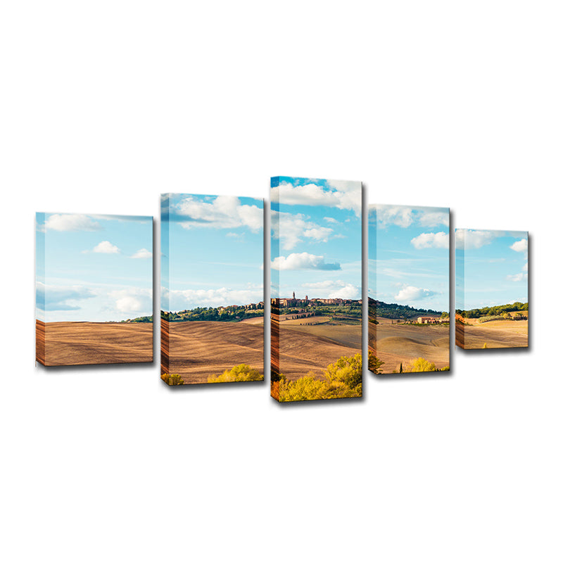 Multi-Piece Hill Castle Art Print Contemporary Canvas Wall Decor in Sky Blue and Brown Clearhalo 'Art Gallery' 'Canvas Art' 'Contemporary Art Gallery' 'Modern' Arts' 1599941