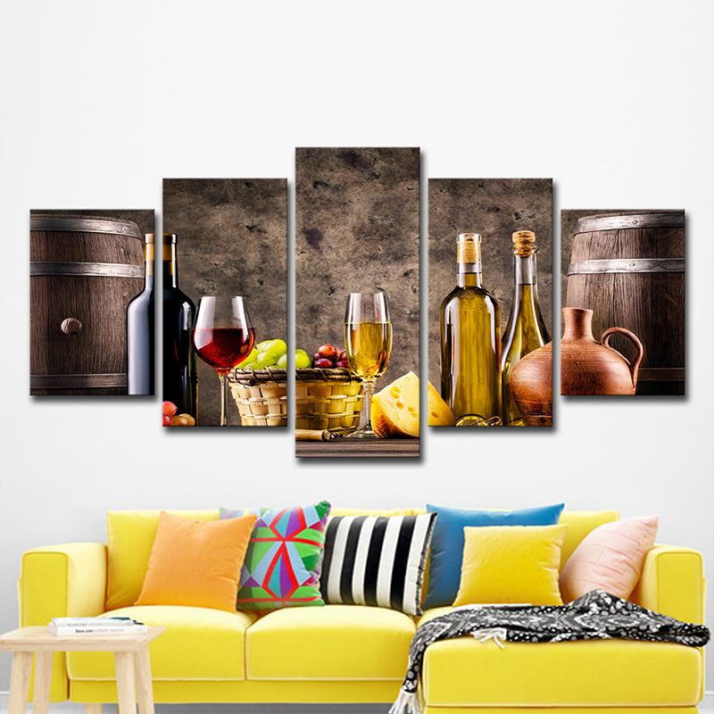 Grand Banquet Wall Art Decor Dining Room Wine and Fruit Canvas Print in Grey-Brown Clearhalo 'Art Gallery' 'Canvas Art' 'Contemporary Art Gallery' 'Modern' Arts' 1599962