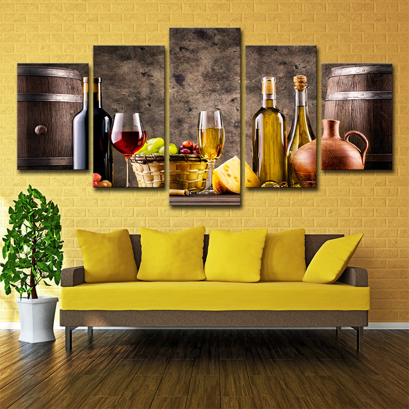 Grand Banquet Wall Art Decor Dining Room Wine and Fruit Canvas Print in Grey-Brown Clearhalo 'Art Gallery' 'Canvas Art' 'Contemporary Art Gallery' 'Modern' Arts' 1599963