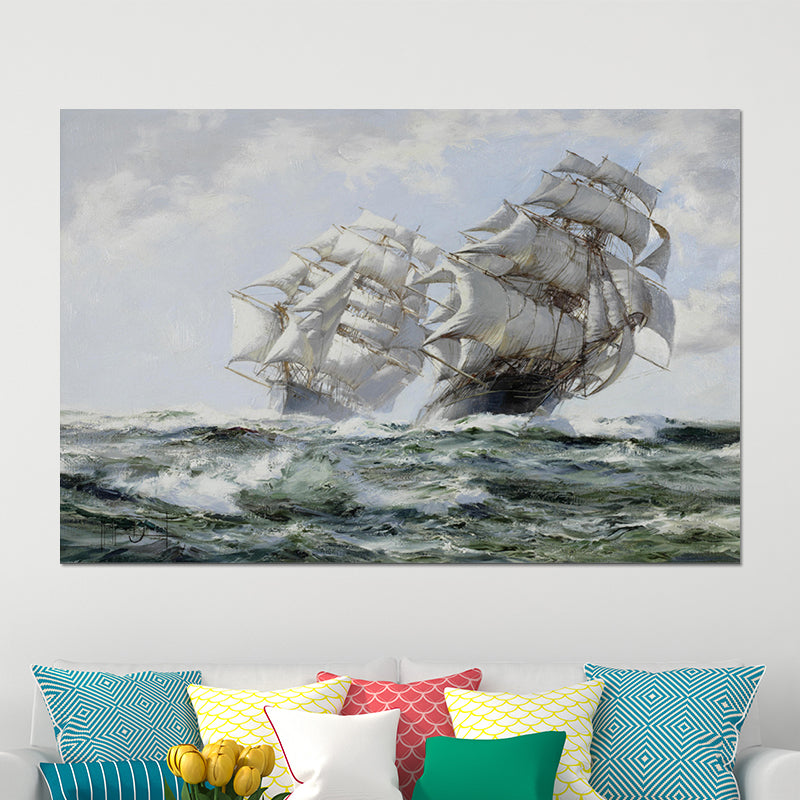 Seascape Painting Canvas Print Modern Ship Sailing in the Waves Wall Art in Grey Clearhalo 'Art Gallery' 'Canvas Art' 'Contemporary Art Gallery' 'Modern' Arts' 1599990