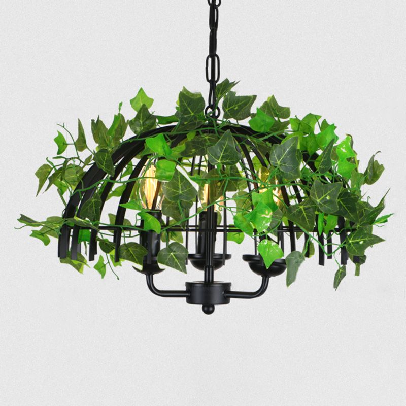 3-Light Iron Ceiling Chandelier Industrial Green Fake Plant and Cage Restaurant Pendant Lamp Green 16" Clearhalo 'Cast Iron' 'Ceiling Lights' 'Chandeliers' 'Industrial Chandeliers' 'Industrial' 'Metal' 'Middle Century Chandeliers' 'Rustic Chandeliers' 'Tiffany' Lighting' 16