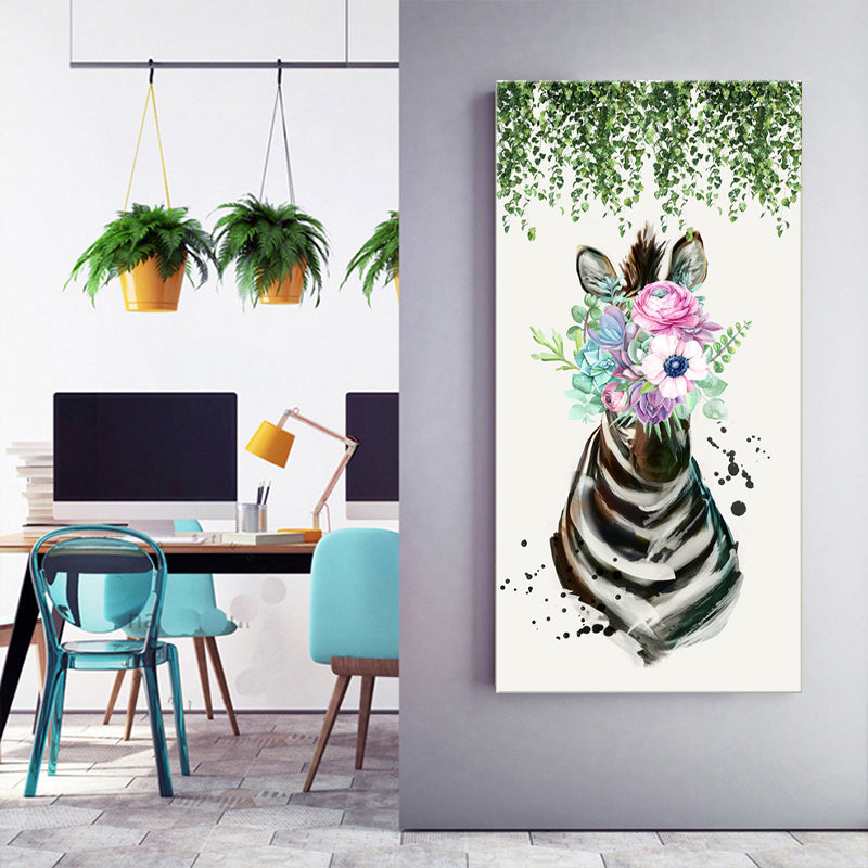 Animal with Flower Head Painting Modern Stylish Textured Girls Bedroom Canvas Wall Art Green Clearhalo 'Art Gallery' 'Canvas Art' 'Contemporary Art Gallery' 'Modern' Arts' 1600001