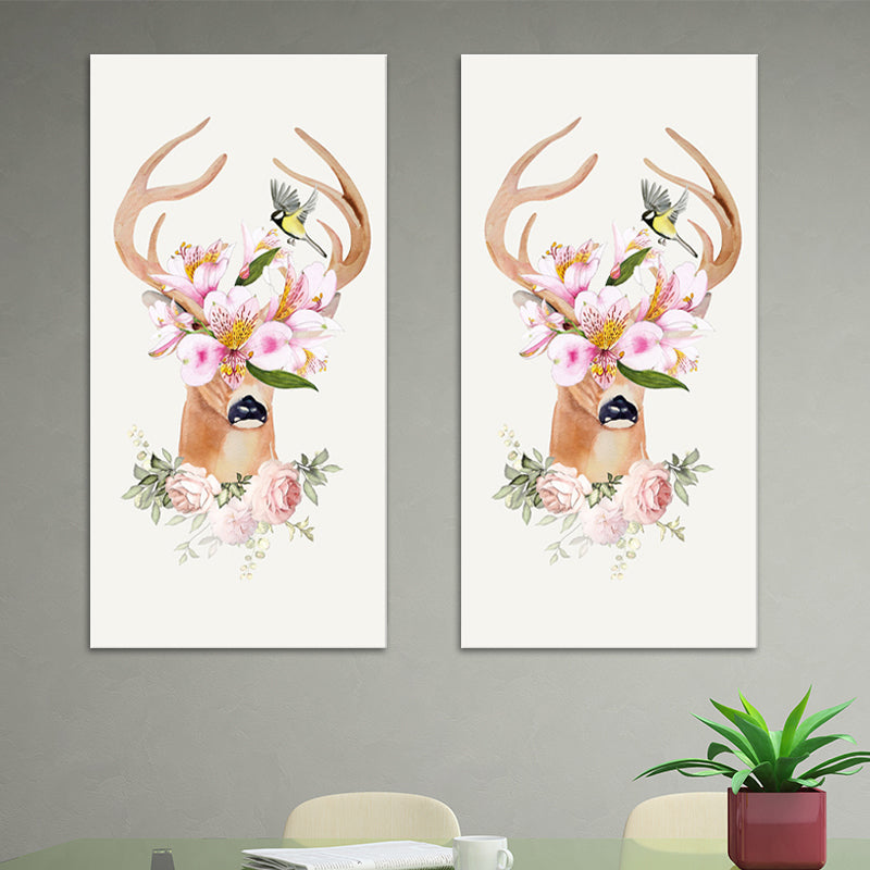 Animal with Flower Head Painting Modern Stylish Textured Girls Bedroom Canvas Wall Art Clearhalo 'Art Gallery' 'Canvas Art' 'Contemporary Art Gallery' 'Modern' Arts' 1600009