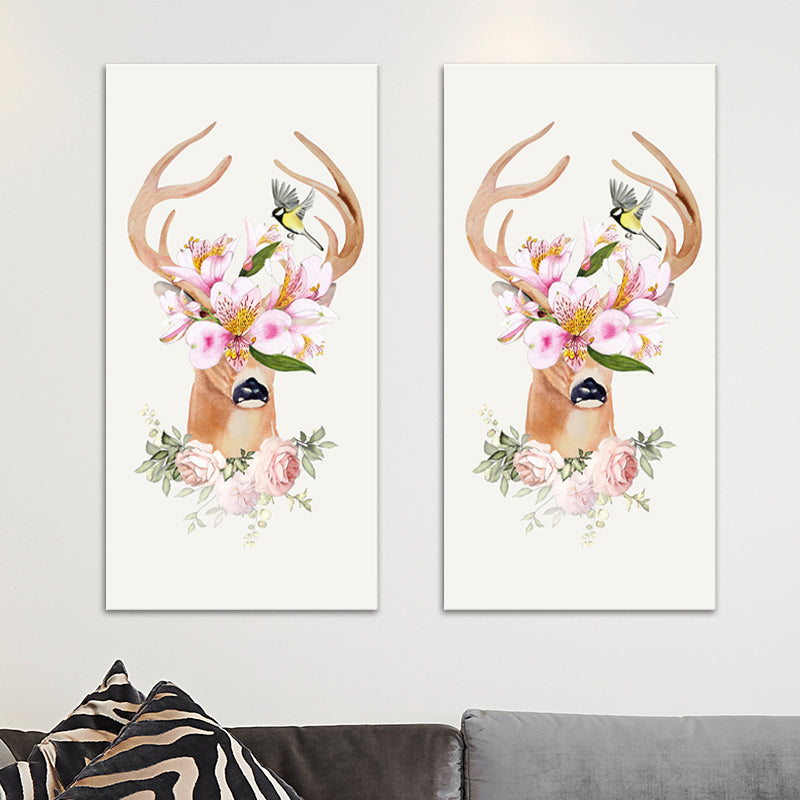 Animal with Flower Head Painting Modern Stylish Textured Girls Bedroom Canvas Wall Art Clearhalo 'Art Gallery' 'Canvas Art' 'Contemporary Art Gallery' 'Modern' Arts' 1600010