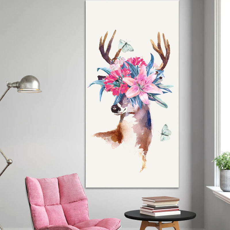 Animal with Flower Head Painting Modern Stylish Textured Girls Bedroom Canvas Wall Art Pink Clearhalo 'Art Gallery' 'Canvas Art' 'Contemporary Art Gallery' 'Modern' Arts' 1600015