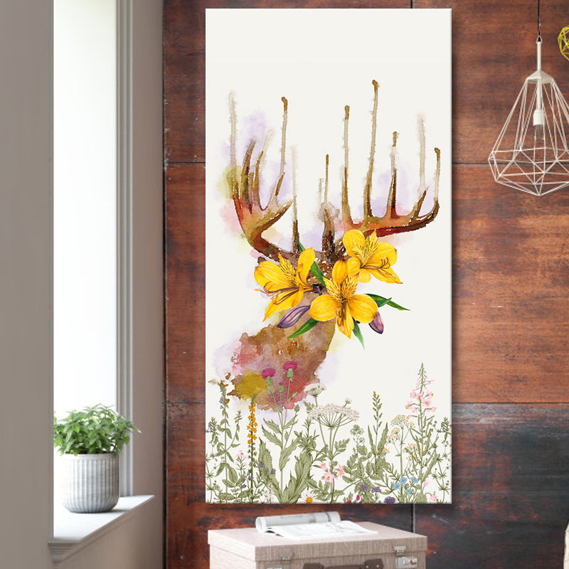 Animal with Flower Head Painting Modern Stylish Textured Girls Bedroom Canvas Wall Art Yellow Clearhalo 'Art Gallery' 'Canvas Art' 'Contemporary Art Gallery' 'Modern' Arts' 1600022