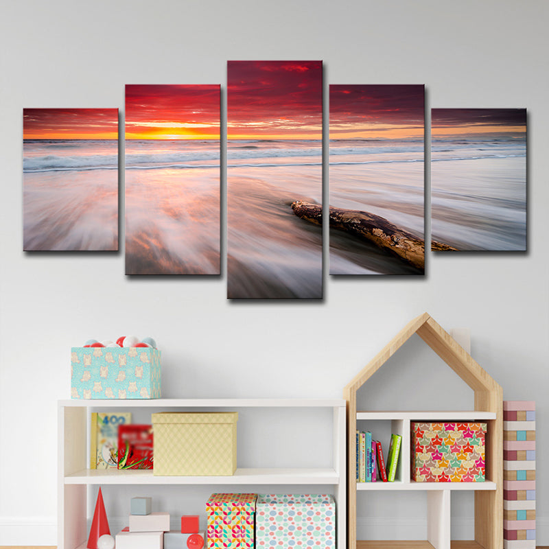 Nightfall Beach Scenery Wall Art Decor Modern Canvas Print in Red for Living Room Red Clearhalo 'Art Gallery' 'Canvas Art' 'Coastal Art Gallery' 'Nautical' Arts' 1600071