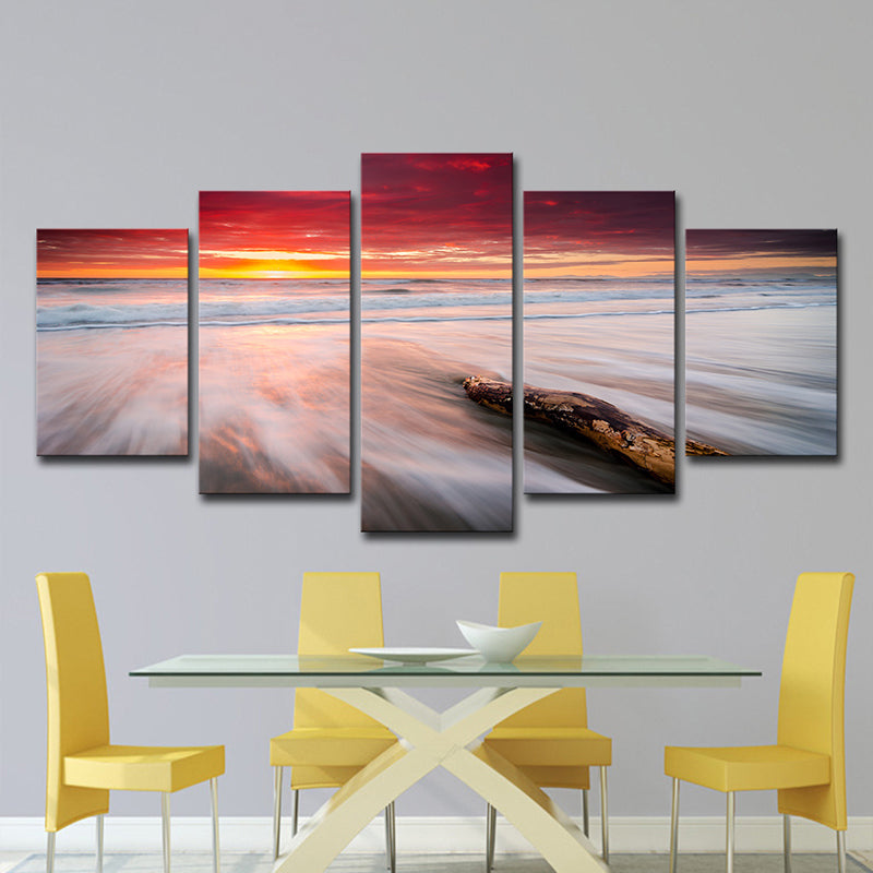 Nightfall Beach Scenery Wall Art Decor Modern Canvas Print in Red for Living Room Clearhalo 'Art Gallery' 'Canvas Art' 'Coastal Art Gallery' 'Nautical' Arts' 1600072