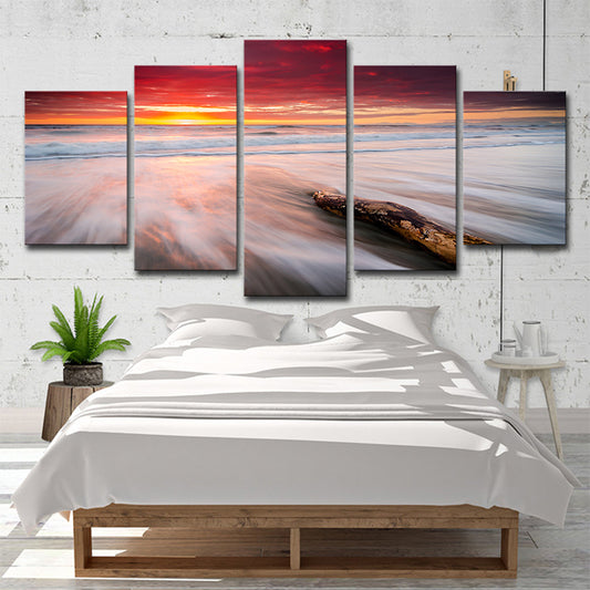 Nightfall Beach Scenery Wall Art Decor Modern Canvas Print in Red for Living Room Clearhalo 'Art Gallery' 'Canvas Art' 'Coastal Art Gallery' 'Nautical' Arts' 1600073