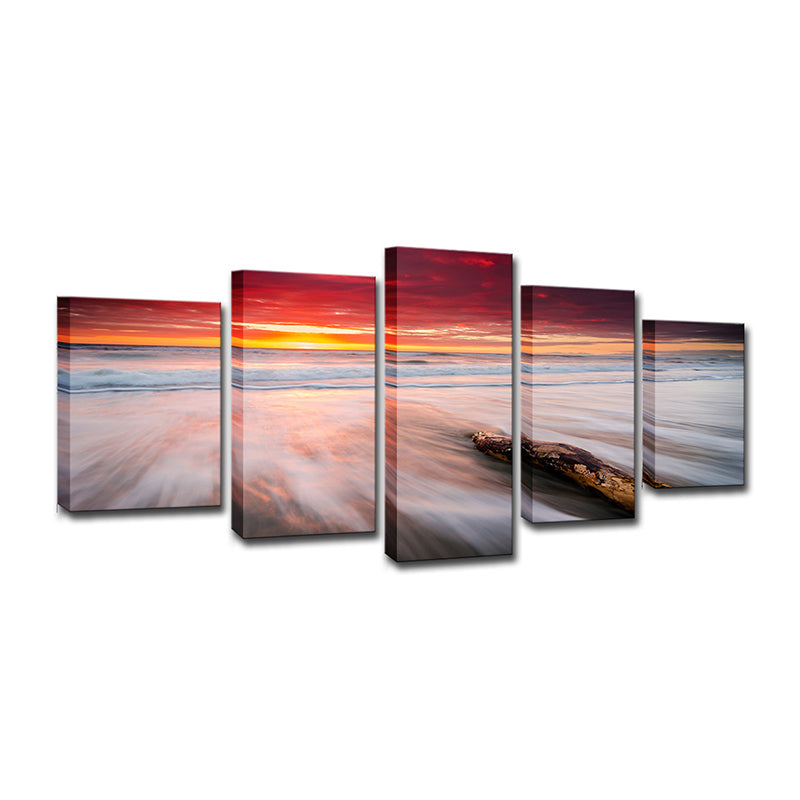 Nightfall Beach Scenery Wall Art Decor Modern Canvas Print in Red for Living Room Clearhalo 'Art Gallery' 'Canvas Art' 'Coastal Art Gallery' 'Nautical' Arts' 1600074