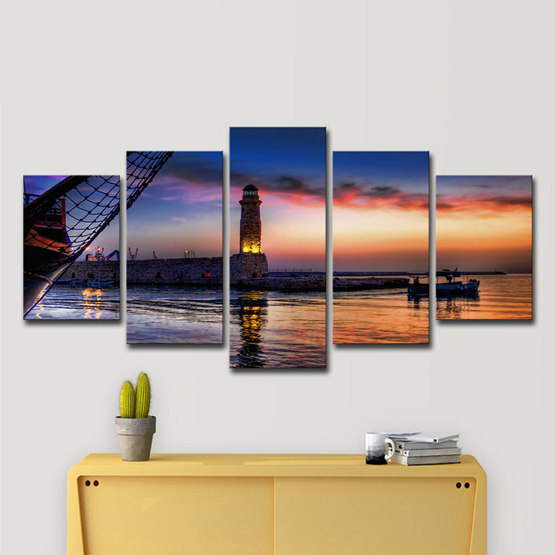 Blue Tropics Canvas Wall Art Return of the Fishermen at Dusk Wall Decor for Bedroom Clearhalo 'Art Gallery' 'Canvas Art' 'Coastal Art Gallery' 'Nautical' Arts' 1600087