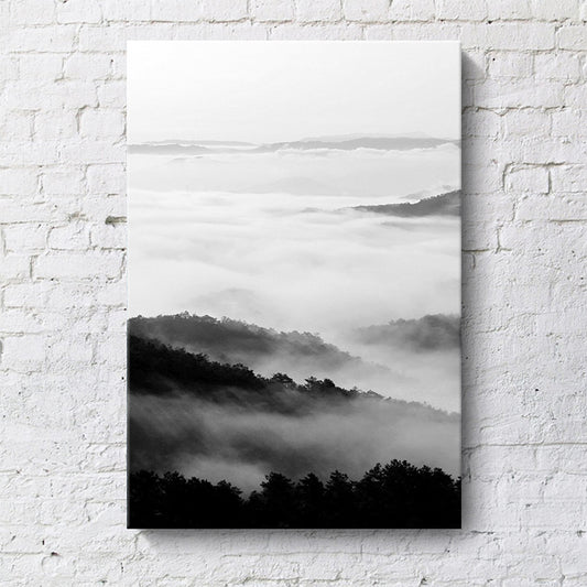 Black and White Modern Art Print Aerial View of Misty Mountain Wall Decor for Home Black Clearhalo 'Art Gallery' 'Canvas Art' 'Contemporary Art Gallery' 'Modern' Arts' 1600092