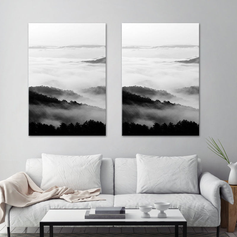 Black and White Modern Art Print Aerial View of Misty Mountain Wall Decor for Home Clearhalo 'Art Gallery' 'Canvas Art' 'Contemporary Art Gallery' 'Modern' Arts' 1600094