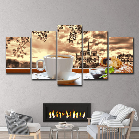 Brown Contemporary Canvas Art A Cup of Afternoon Tea with Castle Afar Scenery Wall Decor for Home Brown Clearhalo 'Art Gallery' 'Canvas Art' 'Contemporary Art Gallery' 'Modern' Arts' 1600116