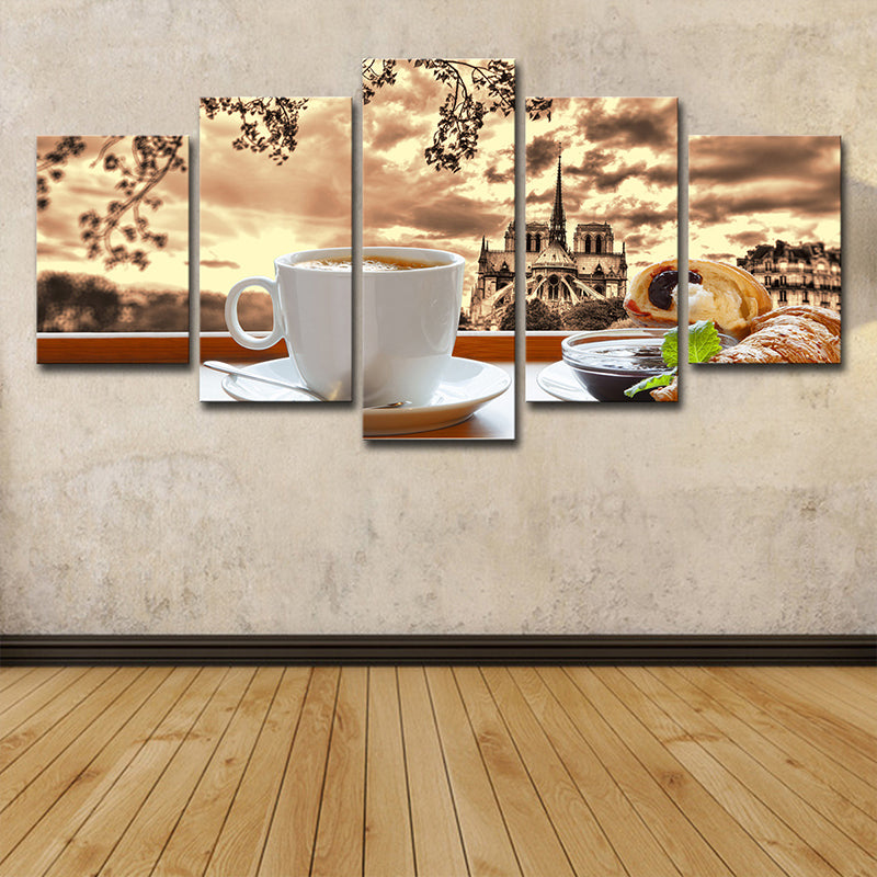 Brown Contemporary Canvas Art A Cup of Afternoon Tea with Castle Afar Scenery Wall Decor for Home Clearhalo 'Art Gallery' 'Canvas Art' 'Contemporary Art Gallery' 'Modern' Arts' 1600117
