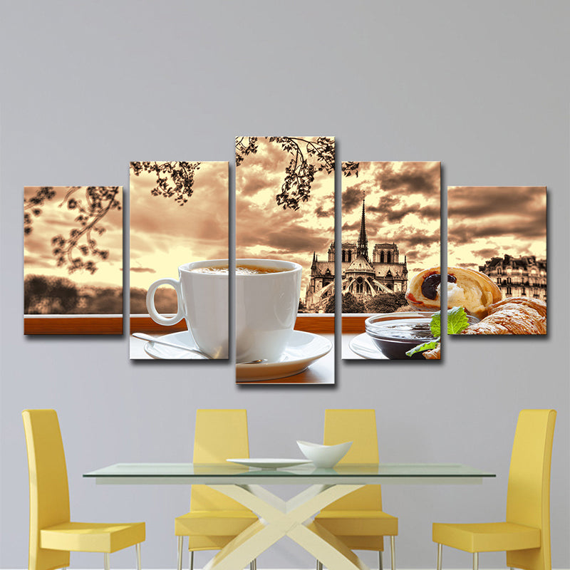 Brown Contemporary Canvas Art A Cup of Afternoon Tea with Castle Afar Scenery Wall Decor for Home Clearhalo 'Art Gallery' 'Canvas Art' 'Contemporary Art Gallery' 'Modern' Arts' 1600118