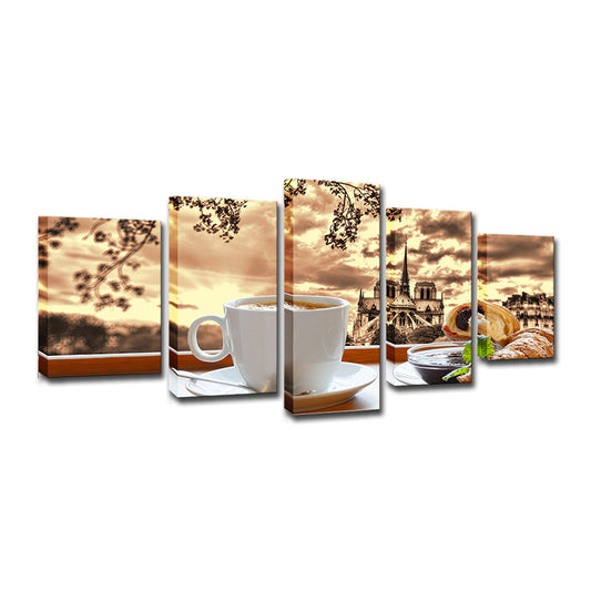 Brown Contemporary Canvas Art A Cup of Afternoon Tea with Castle Afar Scenery Wall Decor for Home Clearhalo 'Art Gallery' 'Canvas Art' 'Contemporary Art Gallery' 'Modern' Arts' 1600119