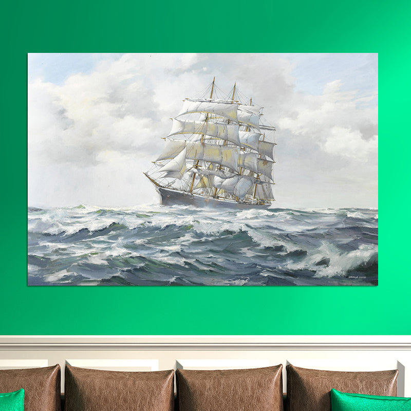 Grey Atlantic Sailing Vessel Painting Textured Contemporary Living Room Canvas Wall Art Grey Clearhalo 'Art Gallery' 'Canvas Art' 'Contemporary Art Gallery' 'Modern' Arts' 1600130