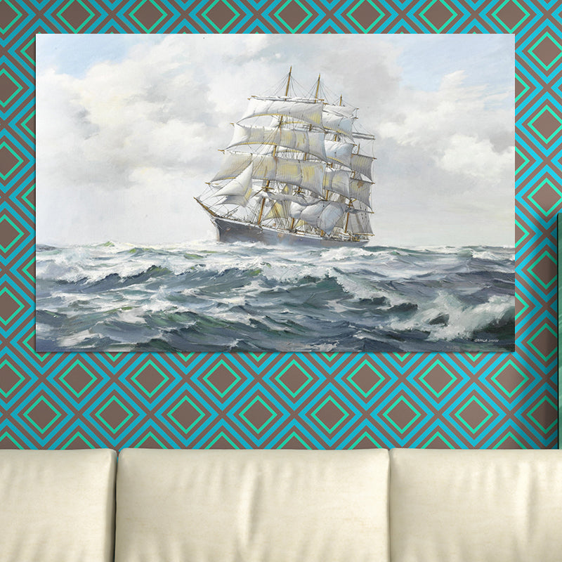 Grey Atlantic Sailing Vessel Painting Textured Contemporary Living Room Canvas Wall Art Clearhalo 'Art Gallery' 'Canvas Art' 'Contemporary Art Gallery' 'Modern' Arts' 1600131