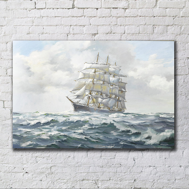 Grey Atlantic Sailing Vessel Painting Textured Contemporary Living Room Canvas Wall Art Clearhalo 'Art Gallery' 'Canvas Art' 'Contemporary Art Gallery' 'Modern' Arts' 1600132