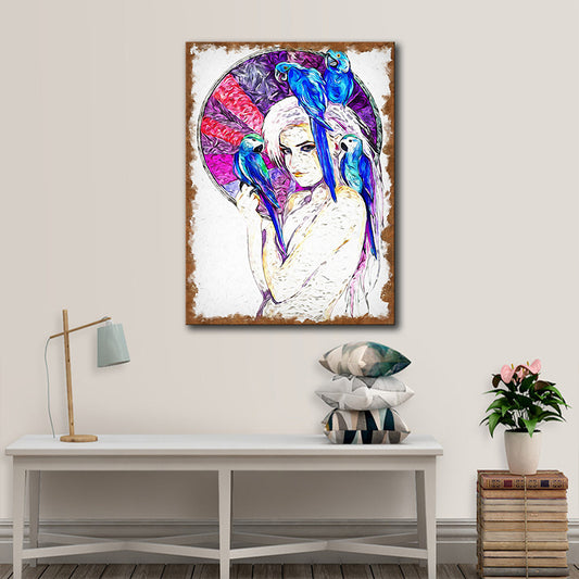 Canvas Purple Art Print Contemporary Girl and Parrots Painting Wall Decor for Living Room Purple Clearhalo 'Art Gallery' 'Canvas Art' 'Contemporary Art Gallery' 'Modern' Arts' 1600137