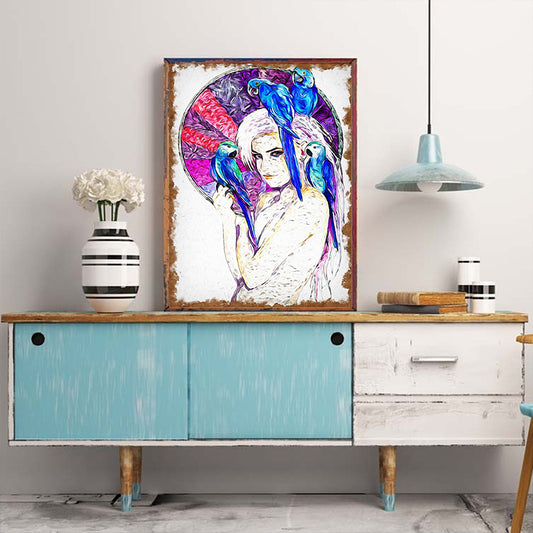 Canvas Purple Art Print Contemporary Girl and Parrots Painting Wall Decor for Living Room Clearhalo 'Art Gallery' 'Canvas Art' 'Contemporary Art Gallery' 'Modern' Arts' 1600138