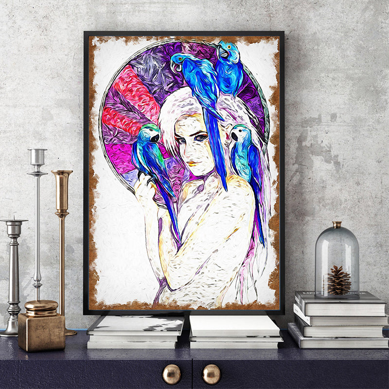 Canvas Purple Art Print Contemporary Girl and Parrots Painting Wall Decor for Living Room Clearhalo 'Art Gallery' 'Canvas Art' 'Contemporary Art Gallery' 'Modern' Arts' 1600139