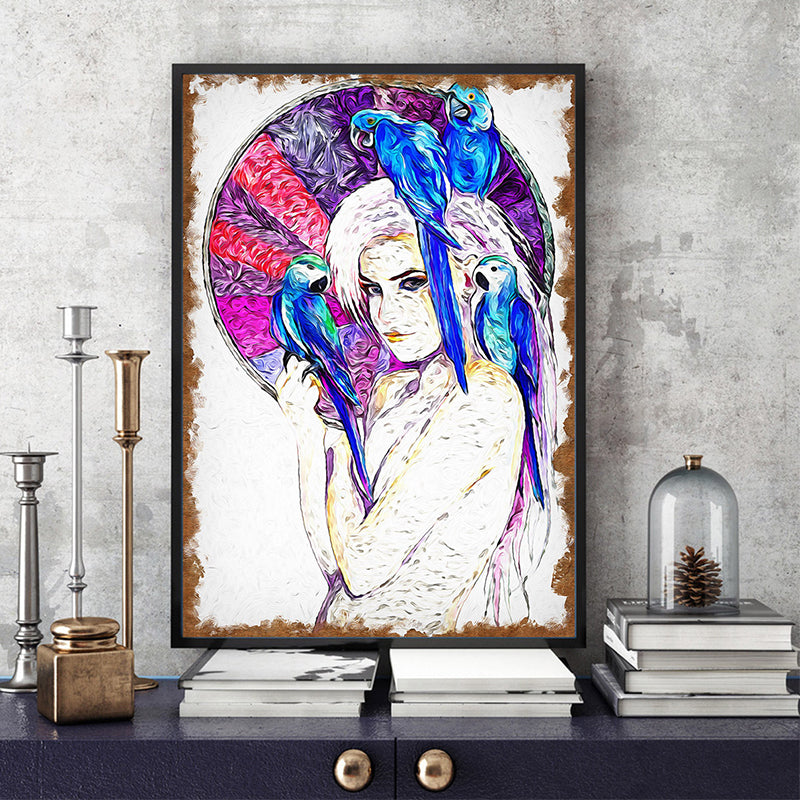 Canvas Purple Art Print Contemporary Girl and Parrots Painting Wall Decor for Living Room Clearhalo 'Art Gallery' 'Canvas Art' 'Contemporary Art Gallery' 'Modern' Arts' 1600139