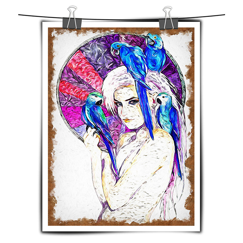 Canvas Purple Art Print Contemporary Girl and Parrots Painting Wall Decor for Living Room Clearhalo 'Art Gallery' 'Canvas Art' 'Contemporary Art Gallery' 'Modern' Arts' 1600140